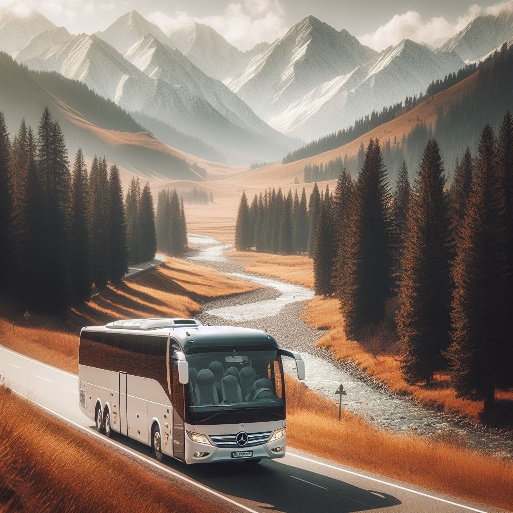 Турситический автобус на фоне гор💎 Аренда автобусов Алматы