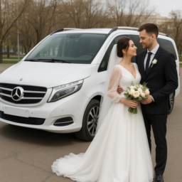 Белый Mercedes V-Class, рядом стоят жених и невеста