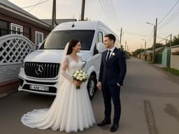 wedding minibus Жених и невеста у белого микроавтобуса